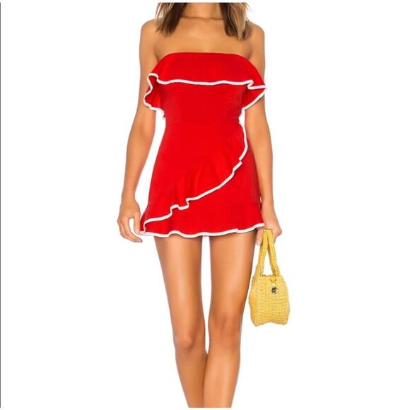 Tularosa Pants - Tularosa Carrie Romper Bright Red Shorts Ruffle Strapless Lg